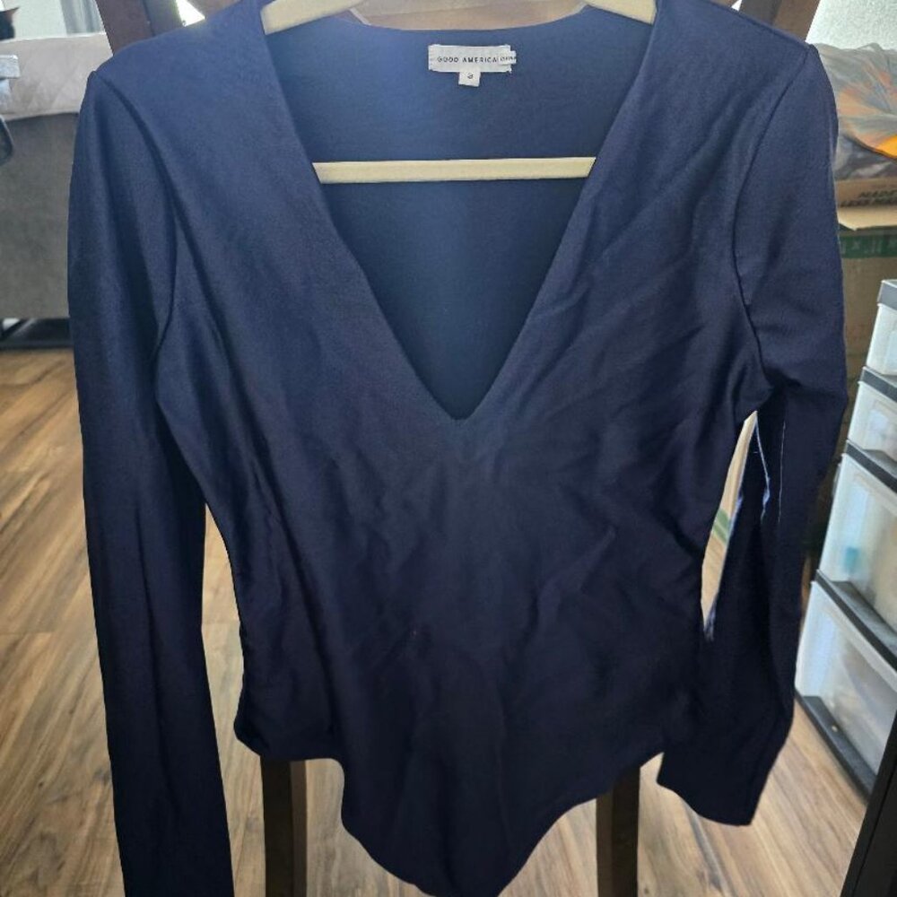 Good American Navy Blue Long Sleeve Thong Bodysuit Sz 3 EUC